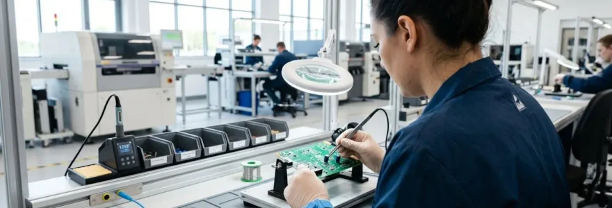 Electronics technician working at a modern EPA workstation with visible wrist strap connection and ESD mat