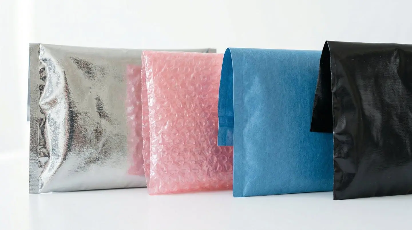 Close-up arrangement of different ESD packaging materials showing metallised silver shielding bags and pink antistatic poly bags