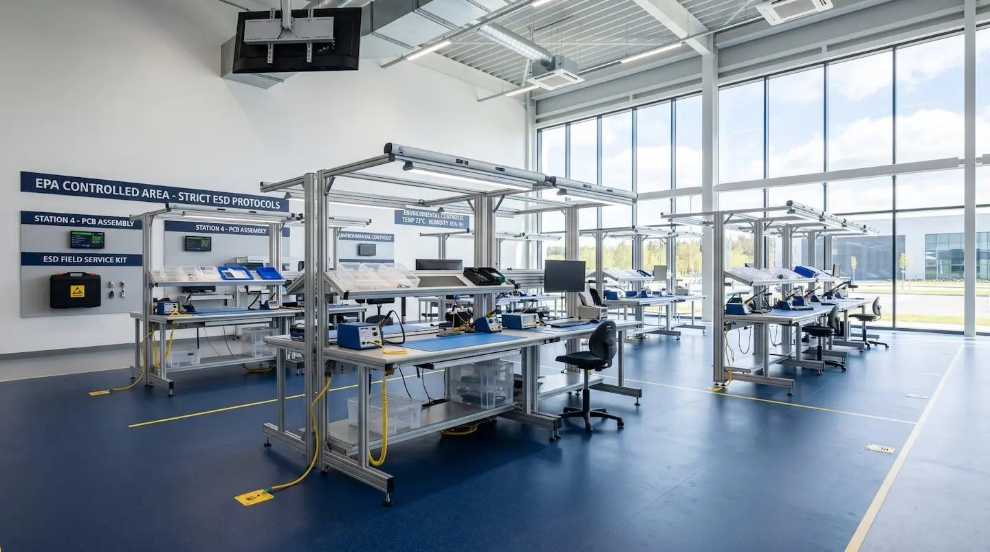 Wide angle view of a contemporary EPA zone showing ESD flooring, workbenches with grounding points, and overhead ionisers