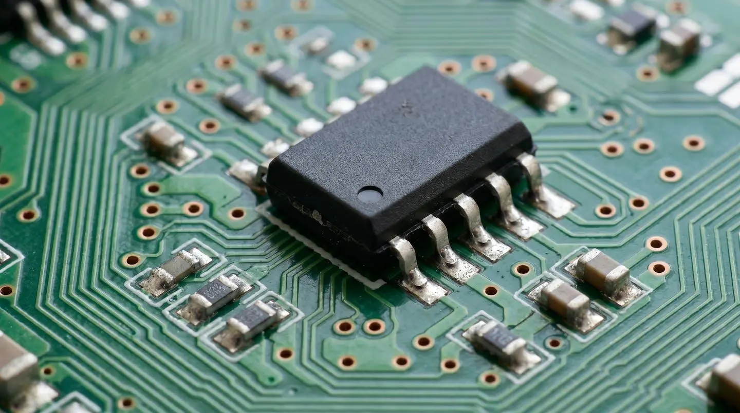 Extreme close-up macro photograph showing semiconductor component pins and solder connections on a PCB surface with sharp detail