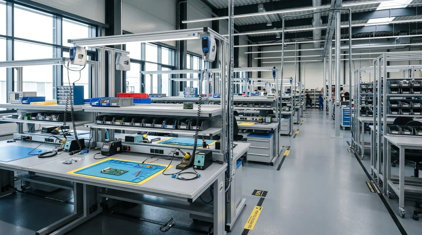 Wide angle view of a modern ESD protected area showing multiple anti-static workbenches with grounding systems and overhead ionisation equipment in a clean industrial environment