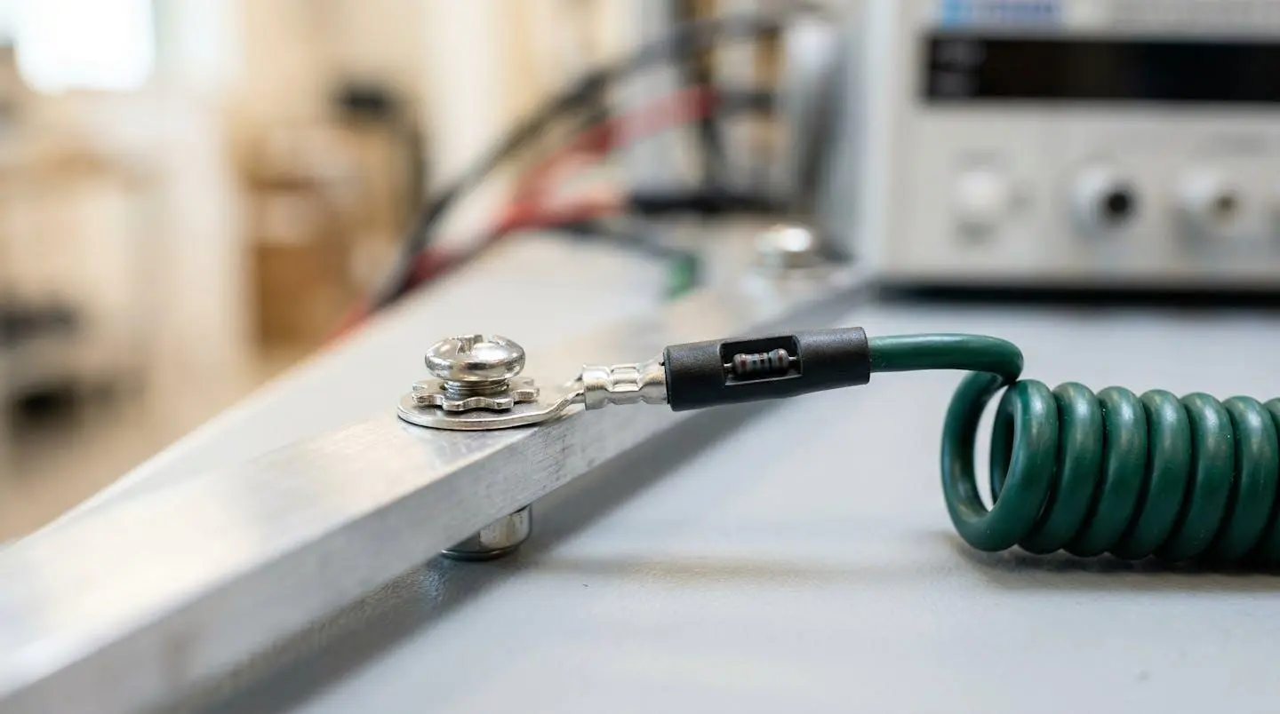 Extreme close-up of a wrist strap ground connection showing the coiled cord and metallic grounding hardware